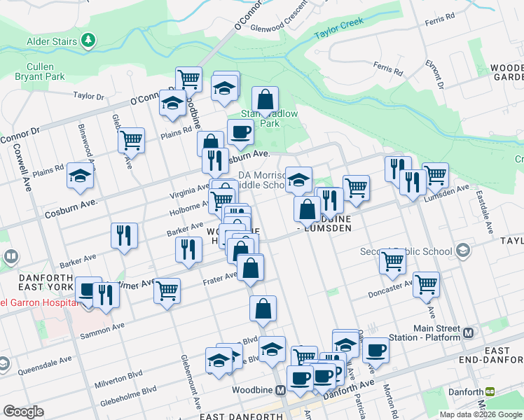 map of restaurants, bars, coffee shops, grocery stores, and more near 359 Cedarvale Avenue in Toronto