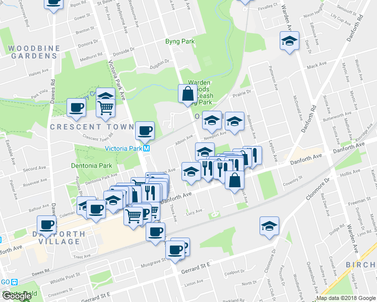 map of restaurants, bars, coffee shops, grocery stores, and more near 70 Madelaine Avenue in Toronto