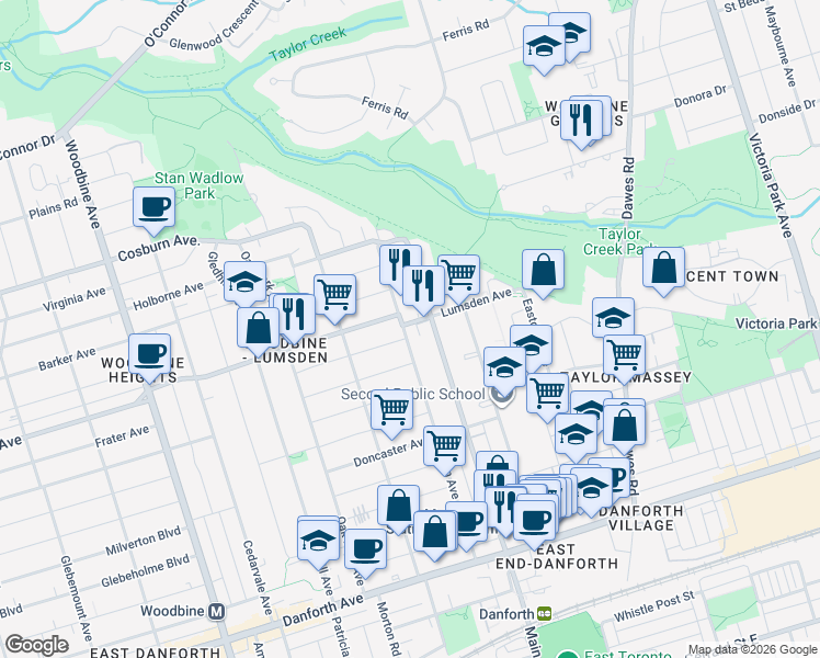 map of restaurants, bars, coffee shops, grocery stores, and more near in Toronto