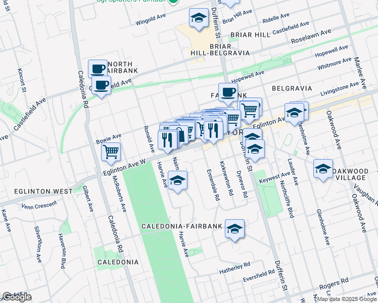 map of restaurants, bars, coffee shops, grocery stores, and more near in Toronto