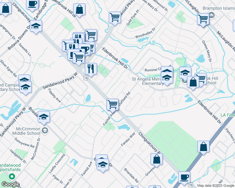 map of restaurants, bars, coffee shops, grocery stores, and more near 13 Penbridge Circle in Brampton