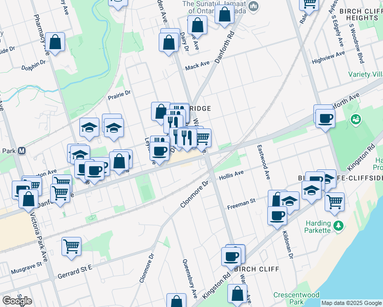 map of restaurants, bars, coffee shops, grocery stores, and more near 3462 Danforth Avenue in Toronto