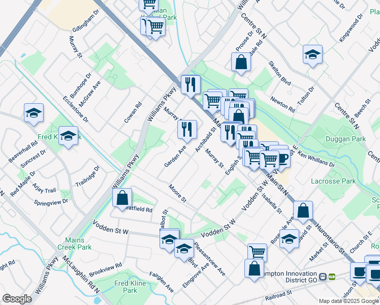 map of restaurants, bars, coffee shops, grocery stores, and more near 40 Archibald Street in Brampton