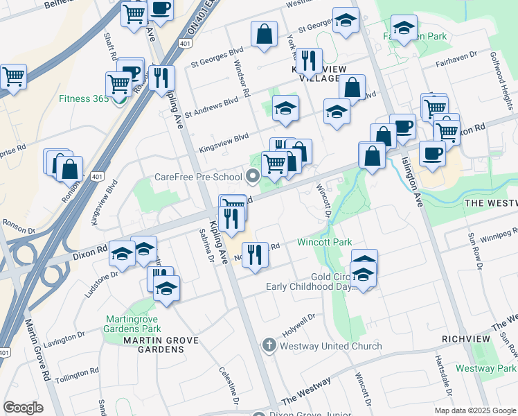map of restaurants, bars, coffee shops, grocery stores, and more near 333 Dixon Road in Toronto