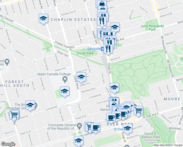 map of restaurants, bars, coffee shops, grocery stores, and more near in Toronto