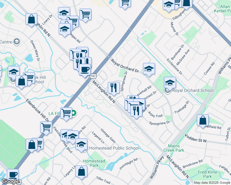 map of restaurants, bars, coffee shops, grocery stores, and more near 10 Cedarwood Cres in Brampton