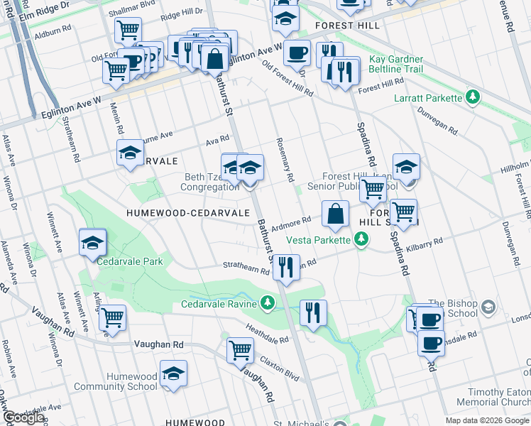 map of restaurants, bars, coffee shops, grocery stores, and more near 1663 Bathurst Street in Toronto