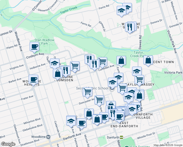map of restaurants, bars, coffee shops, grocery stores, and more near 247 Chisholm Avenue in Toronto