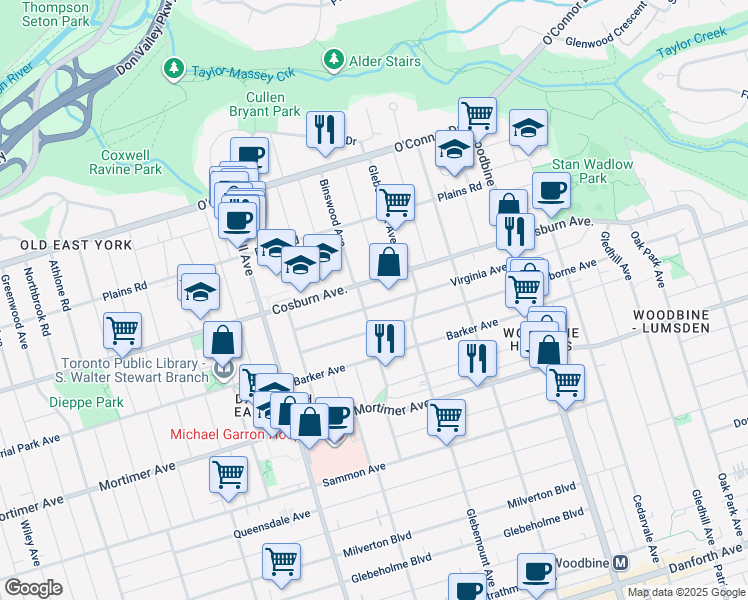 map of restaurants, bars, coffee shops, grocery stores, and more near 66 Virginia Avenue in Toronto