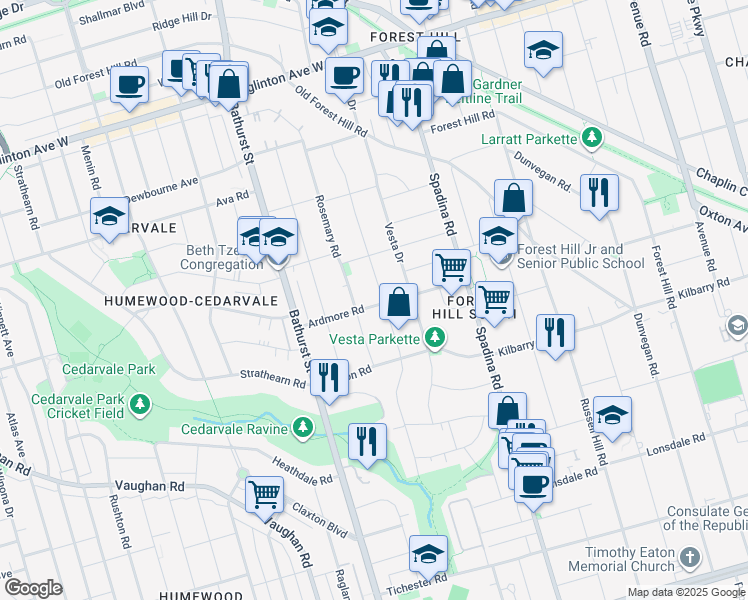 map of restaurants, bars, coffee shops, grocery stores, and more near 200 Glenayr Road in Toronto