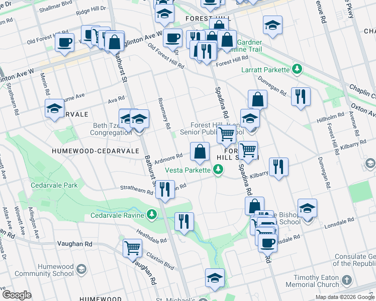 map of restaurants, bars, coffee shops, grocery stores, and more near 200 Glenayr Road in Toronto