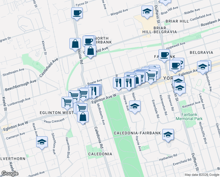 map of restaurants, bars, coffee shops, grocery stores, and more near 16 Little Boulevard in Toronto