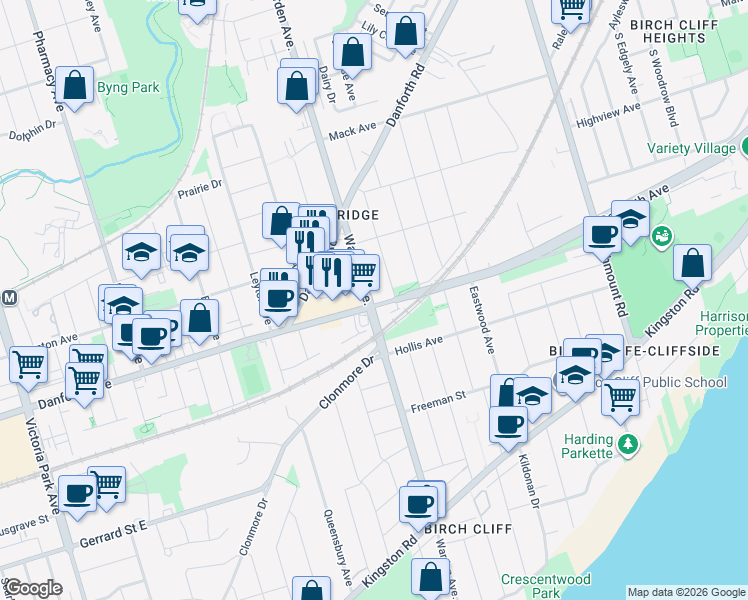 map of restaurants, bars, coffee shops, grocery stores, and more near 3520 Danforth Avenue in Toronto