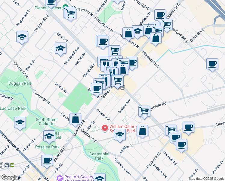 map of restaurants, bars, coffee shops, grocery stores, and more near 215 Queen Street East in Brampton