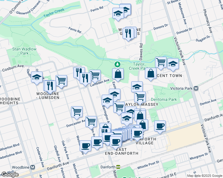 map of restaurants, bars, coffee shops, grocery stores, and more near in Toronto