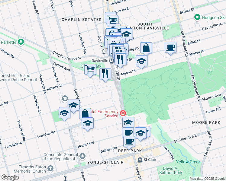 map of restaurants, bars, coffee shops, grocery stores, and more near 135 Lawton Boulevard in Toronto