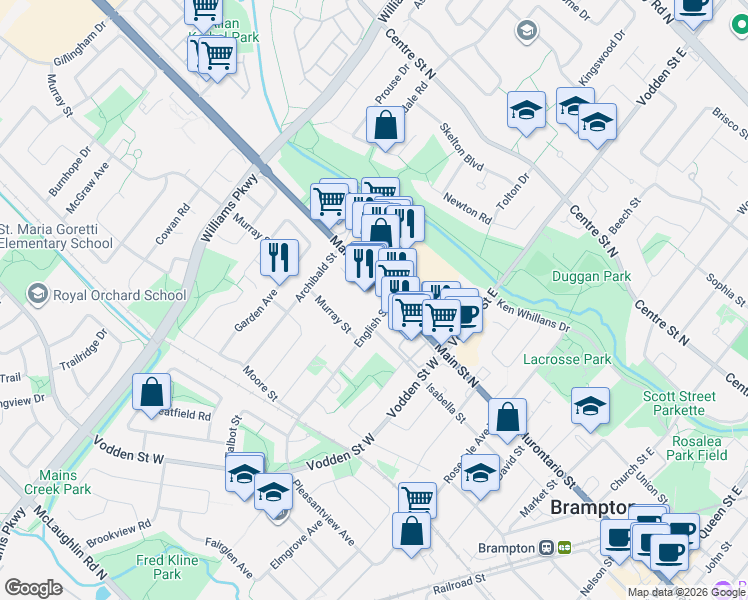 map of restaurants, bars, coffee shops, grocery stores, and more near 389 Main Street North in Brampton
