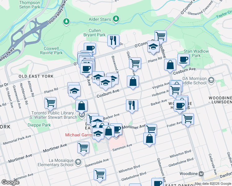 map of restaurants, bars, coffee shops, grocery stores, and more near 669 Cosburn Avenue in Toronto