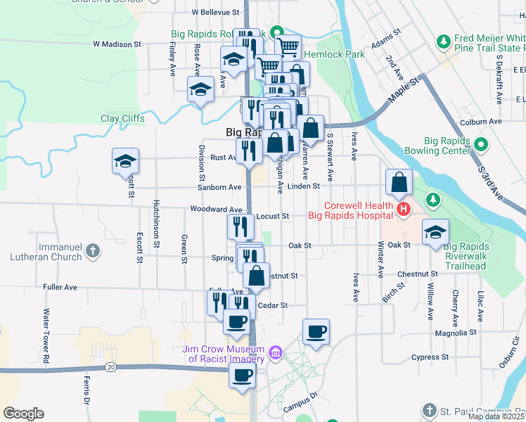 map of restaurants, bars, coffee shops, grocery stores, and more near 117 Locust Street in Big Rapids