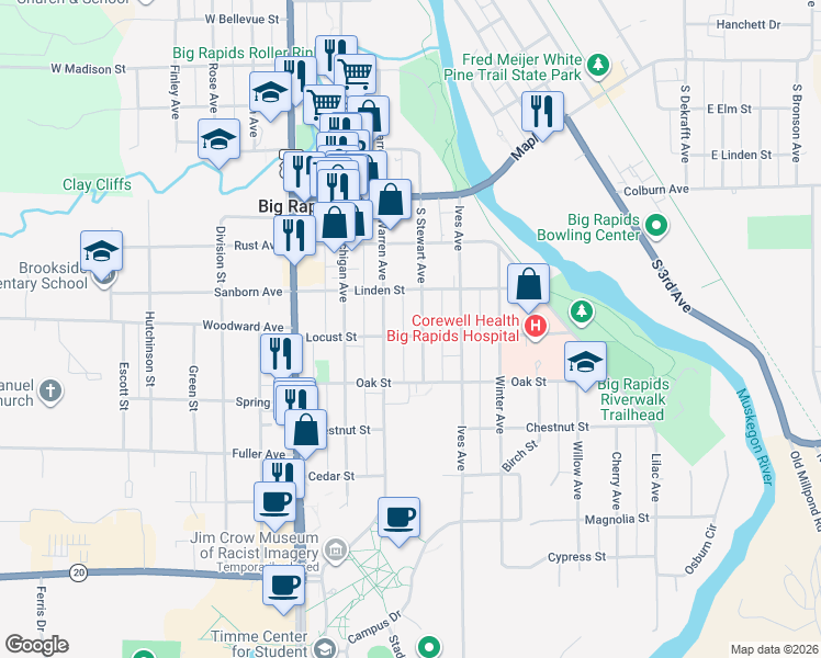 map of restaurants, bars, coffee shops, grocery stores, and more near 322 South Stewart Avenue in Big Rapids