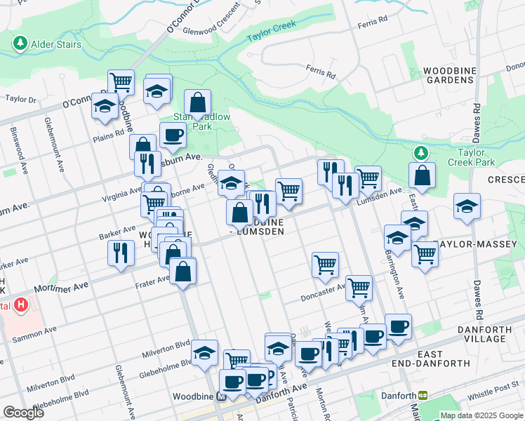 map of restaurants, bars, coffee shops, grocery stores, and more near 9 Wallington Avenue in Toronto