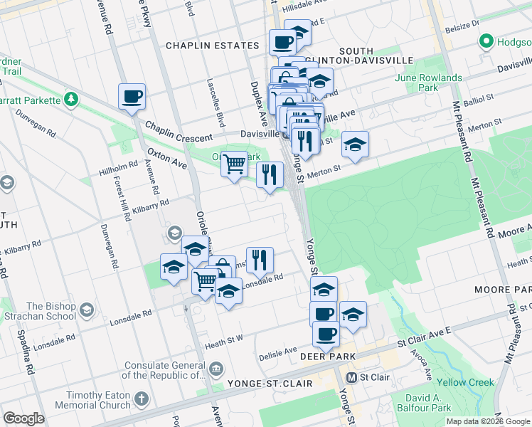 map of restaurants, bars, coffee shops, grocery stores, and more near 22 Gormley Avenue in Toronto