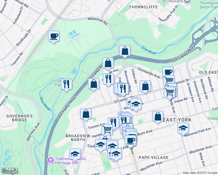 map of restaurants, bars, coffee shops, grocery stores, and more near 31 Stanhope Avenue in Toronto