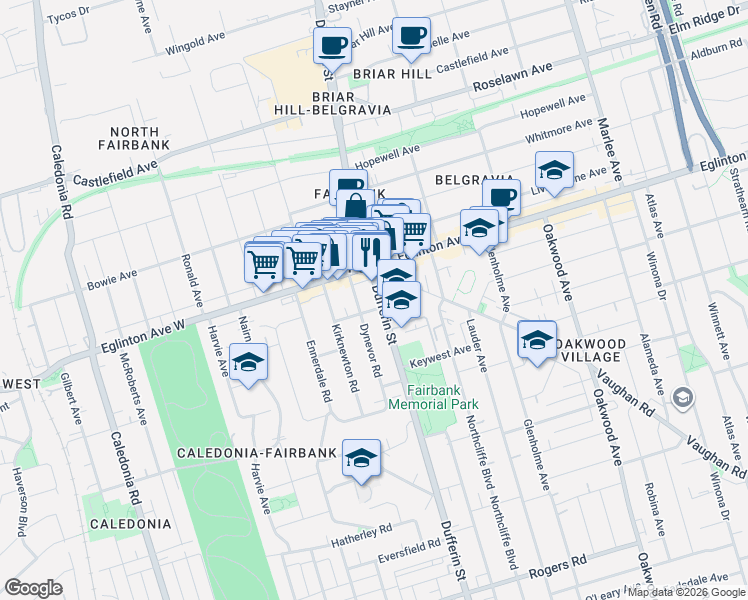 map of restaurants, bars, coffee shops, grocery stores, and more near in Toronto