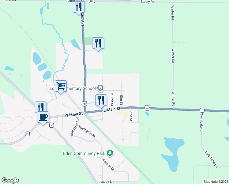 map of restaurants, bars, coffee shops, grocery stores, and more near 302 Center Street in Eden