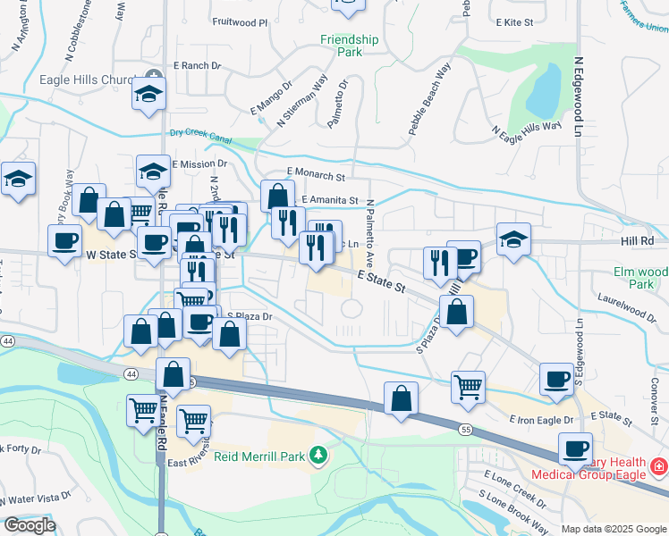 map of restaurants, bars, coffee shops, grocery stores, and more near 663 East State Street in Eagle
