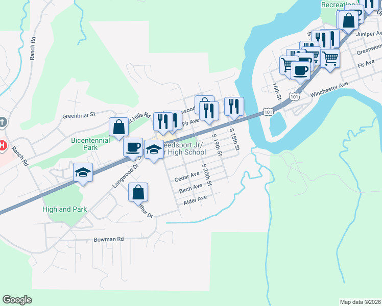 map of restaurants, bars, coffee shops, grocery stores, and more near 2036 Elm Avenue in Reedsport