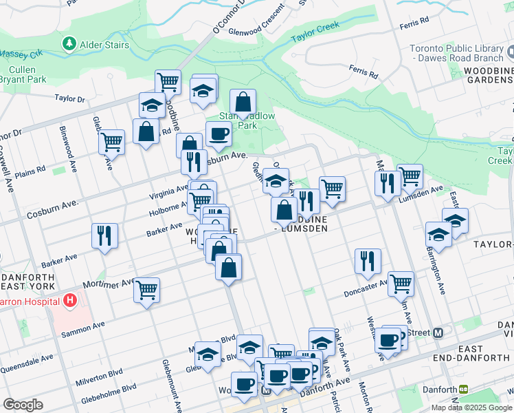 map of restaurants, bars, coffee shops, grocery stores, and more near 351 King Edward Avenue in Toronto