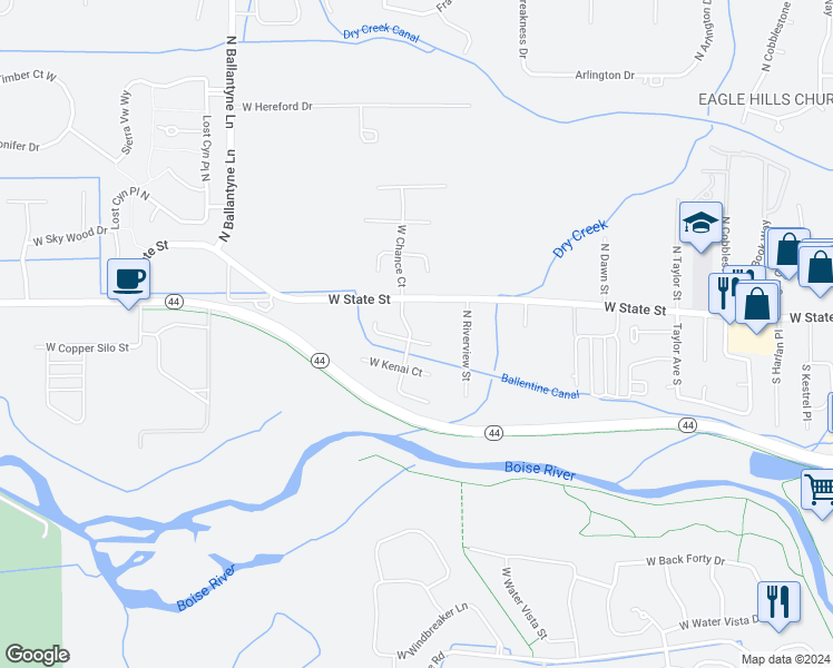 map of restaurants, bars, coffee shops, grocery stores, and more near 120 South Payette Place in Eagle