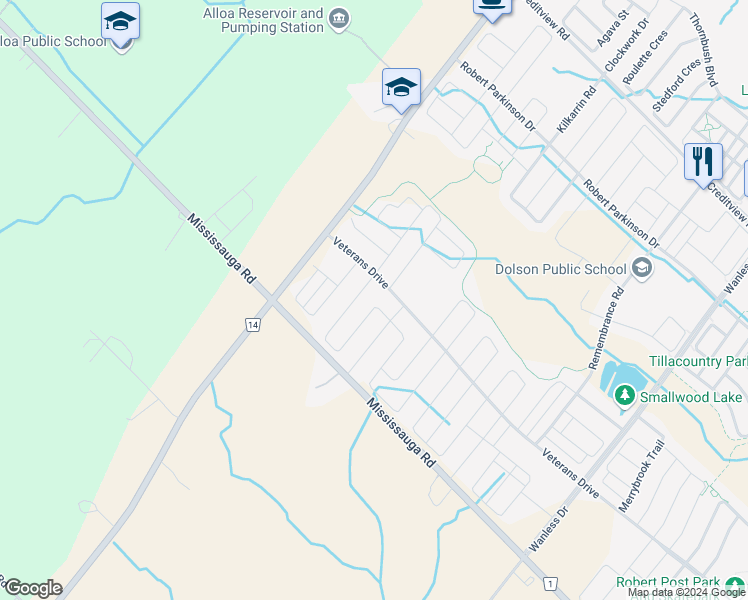 map of restaurants, bars, coffee shops, grocery stores, and more near 19 Adventura Road in Brampton