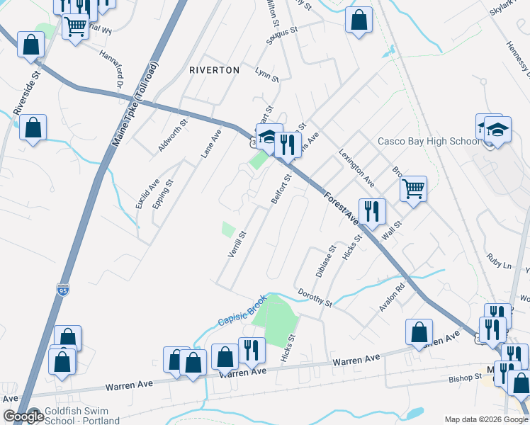map of restaurants, bars, coffee shops, grocery stores, and more near 57 Belfort Street in Portland