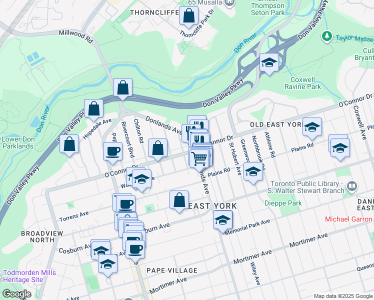 map of restaurants, bars, coffee shops, grocery stores, and more near 302 O'Connor Drive in Toronto