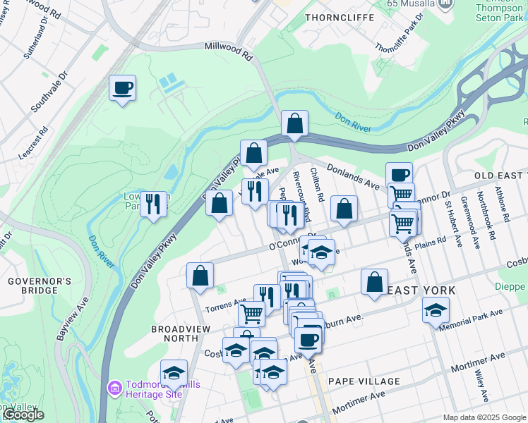 map of restaurants, bars, coffee shops, grocery stores, and more near in Toronto