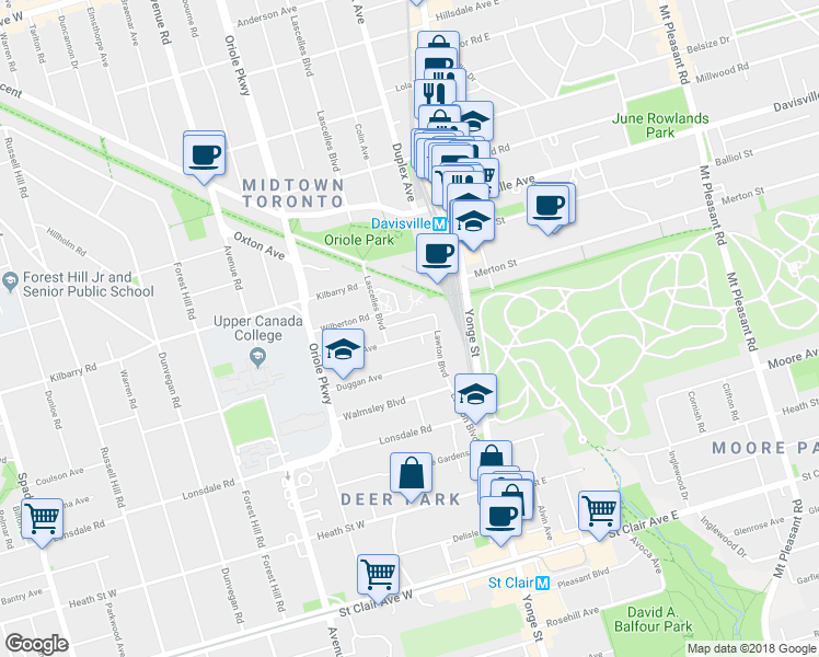 map of restaurants, bars, coffee shops, grocery stores, and more near in Toronto