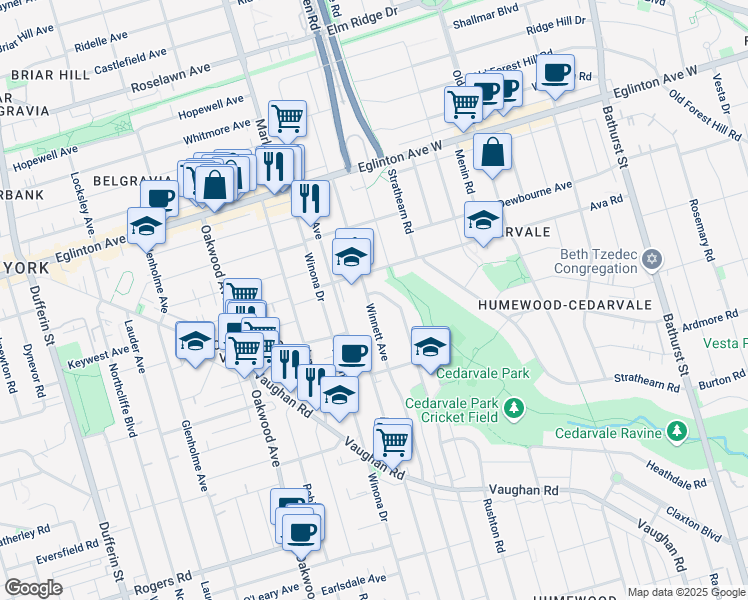 map of restaurants, bars, coffee shops, grocery stores, and more near in Toronto