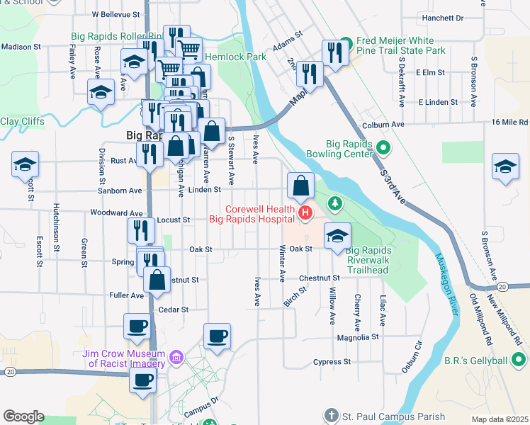 map of restaurants, bars, coffee shops, grocery stores, and more near 329 Ives Avenue in Big Rapids