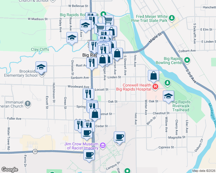 map of restaurants, bars, coffee shops, grocery stores, and more near 318 South Michigan Avenue in Big Rapids