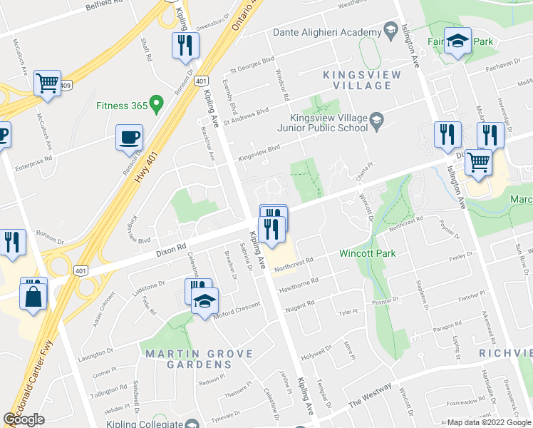 map of restaurants, bars, coffee shops, grocery stores, and more near in Toronto