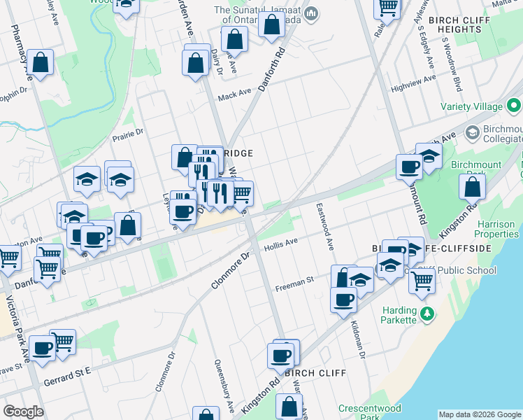 map of restaurants, bars, coffee shops, grocery stores, and more near 3520 Danforth Avenue in Toronto