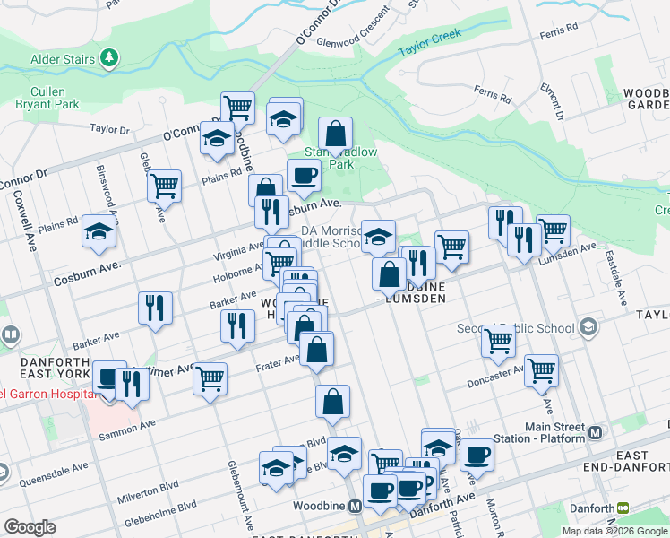 map of restaurants, bars, coffee shops, grocery stores, and more near 167 Barker Avenue in Toronto