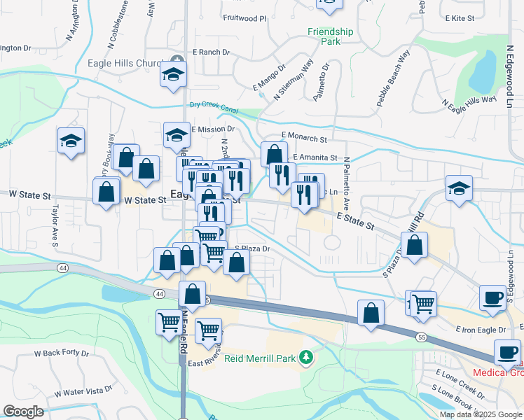 map of restaurants, bars, coffee shops, grocery stores, and more near 349 East State Street in Eagle