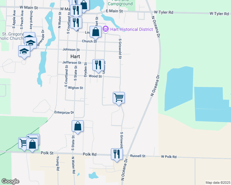 map of restaurants, bars, coffee shops, grocery stores, and more near 615 South Griswold Street in Hart