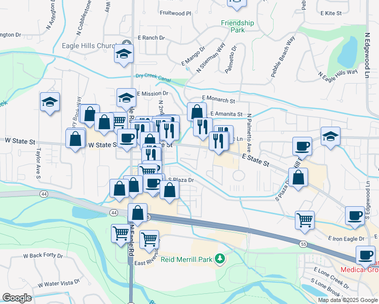 map of restaurants, bars, coffee shops, grocery stores, and more near 349 East State Street in Eagle
