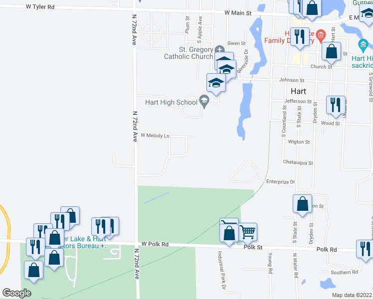 map of restaurants, bars, coffee shops, grocery stores, and more near 2742 Meadowbrook Lane in Hart