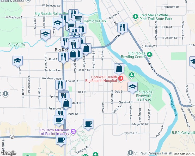 map of restaurants, bars, coffee shops, grocery stores, and more near 322 South Stewart Avenue in Big Rapids