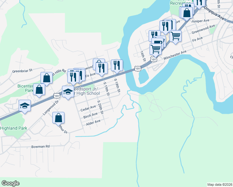 map of restaurants, bars, coffee shops, grocery stores, and more near 1859 Dogwood Avenue in Reedsport